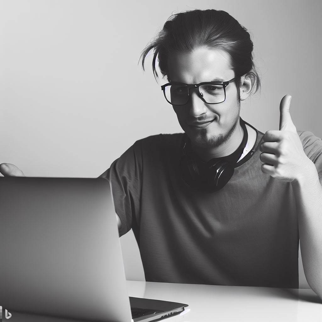 A satisfied developer looking at laptop