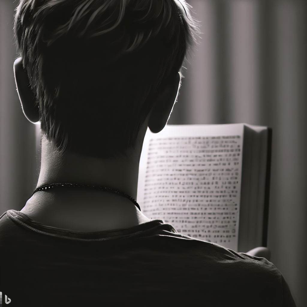 Young man engrossed in reading a coding book, monochromatic image